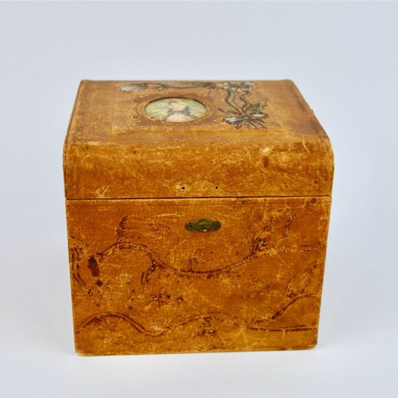 Antique Victorian Men's Cuff & Collar Stay Box Leather Covered Wood - Picture 1 of 16